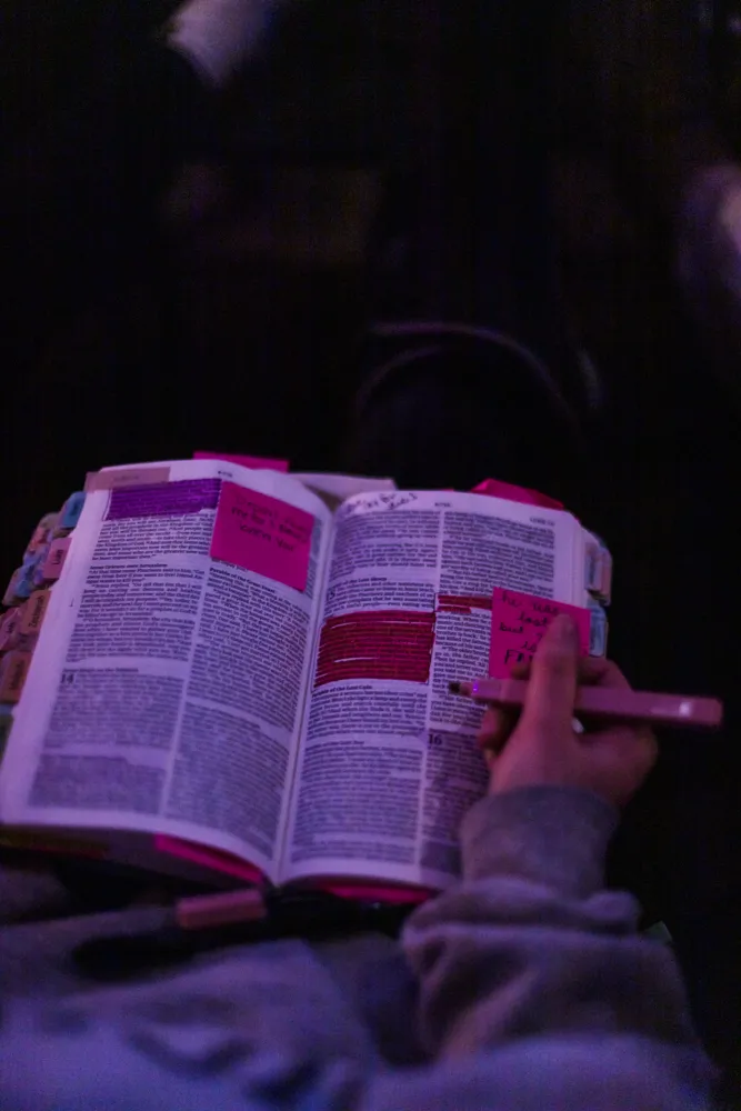 A student's Bible with highlighted notes